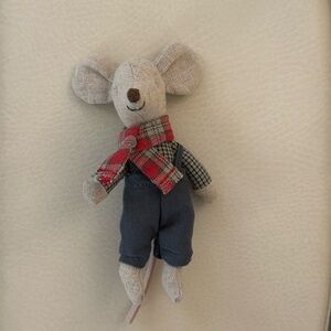 Plush Grey Mouse Doll with Red Plaid Scarf and Blue Overalls - Kids Toys